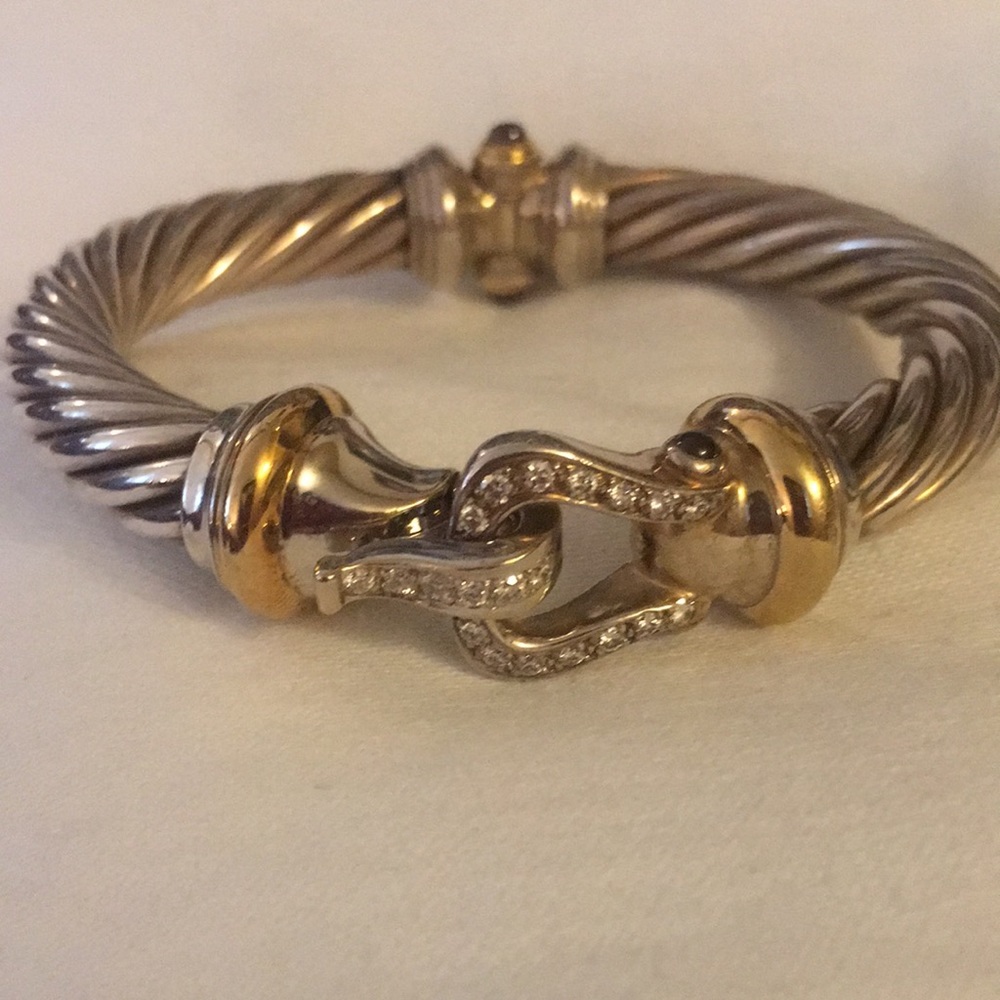 David Yurman Silver and Gold Diamond Cable Buckle Bracelet